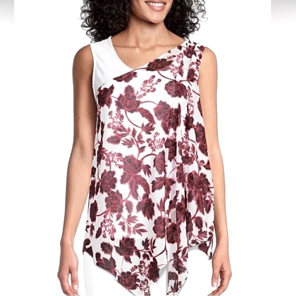 NWT Investments Slim Factor Floral Print Sleeveless Asymmetrical Neck Drape Top